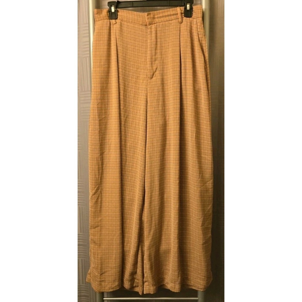 Tronjori Womens Brown Houndstooth Palazzo Pants Pleats Pockets XL Wide Leg 30x27